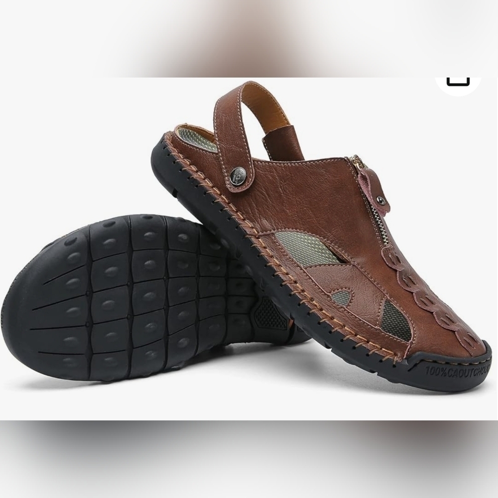 Men's Brown Leather Fisherman Sandal Shoes Adjustable Easy On /Off Sz.13